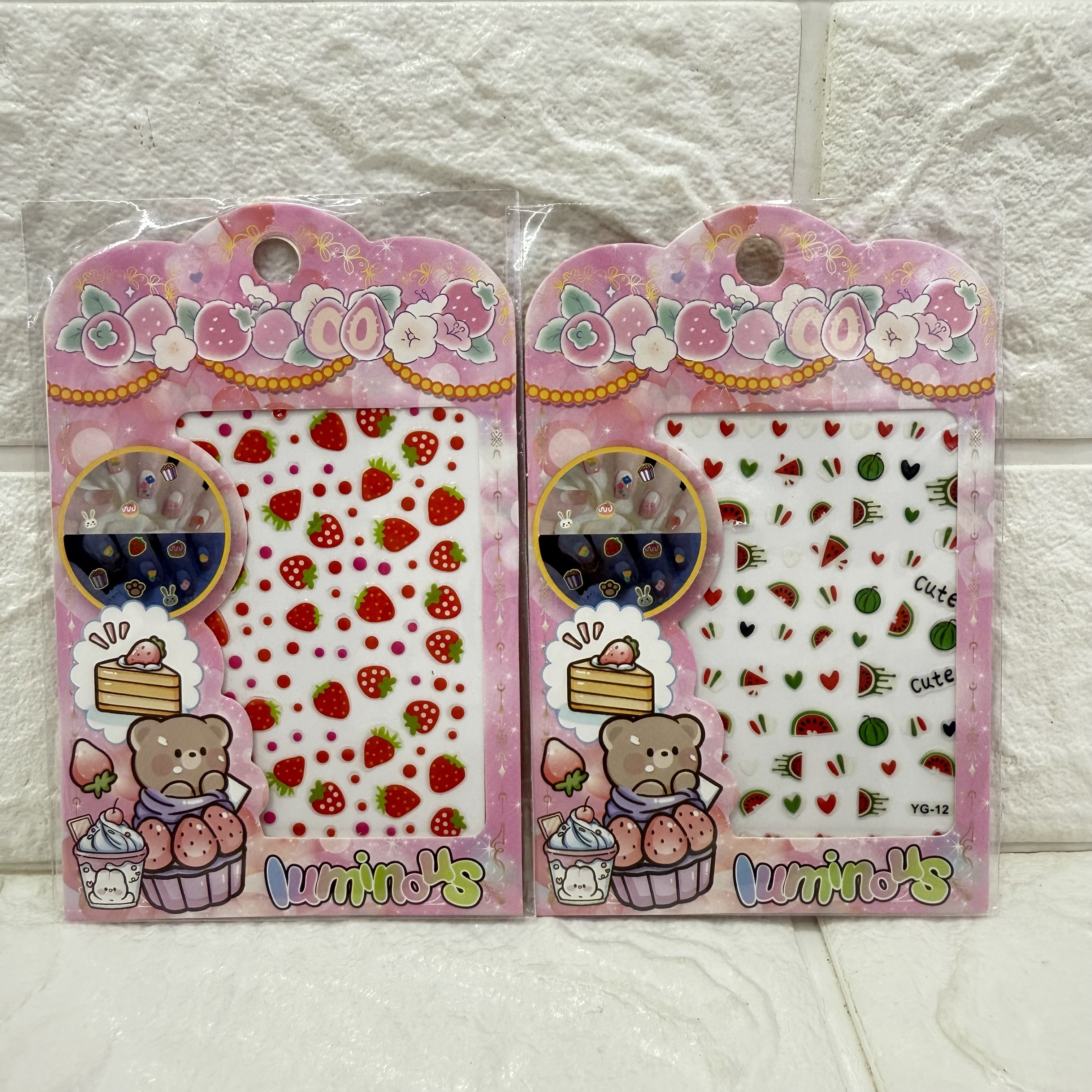 Cartoon luminous nail stickers, cartoon fruit cute relief luminous nail stickers, three-dimensional nail stickers Specification image