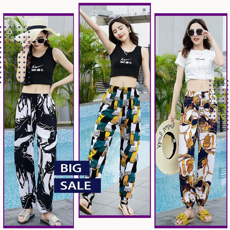 New Bloomers plus Size Women's Summer Mosquito Repelling Pants Women's Loose High Waist Trousers Rayon Harem Pants Cotton Beach Pants
