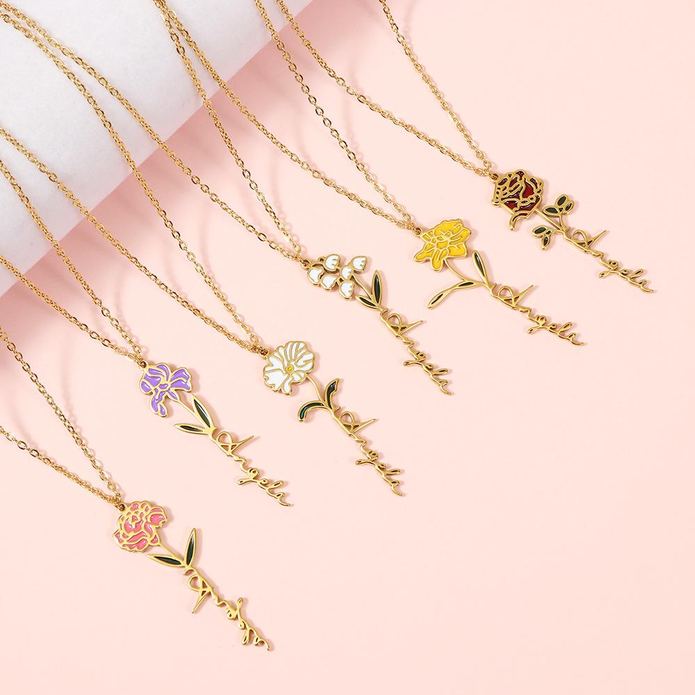 personalized birthday flower necklace stainless steel jewelry december flower colors necklace gift ornament factory direct sales wholesale full figure