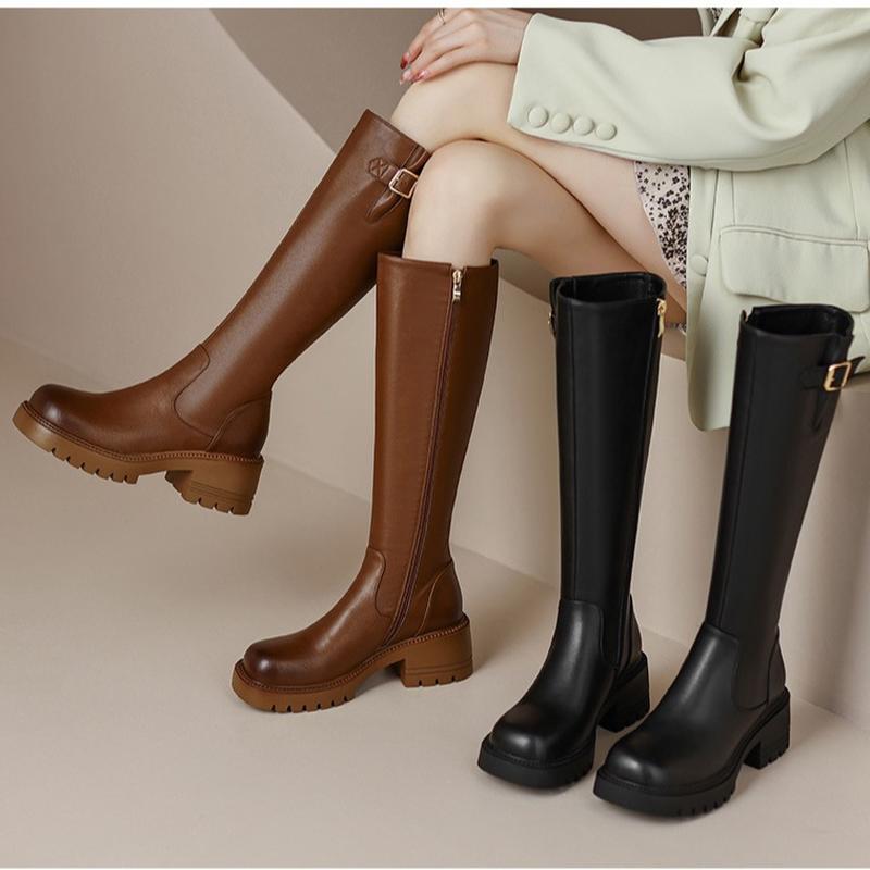 french retro boots thick bottom knight boots autumn and winter round toe mid heel belt buckle side zipper high-top women's boots wholesale