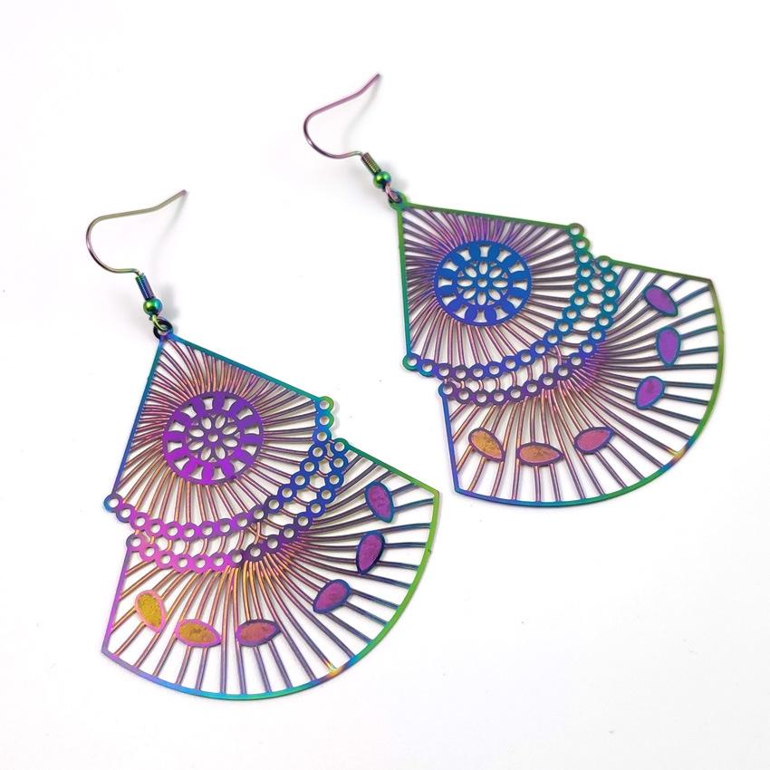 colorful fan-shaped earrings new european and american fashion retro earrings computer piece earrings stainless steel jewelry hollow color retaining Application Scenario