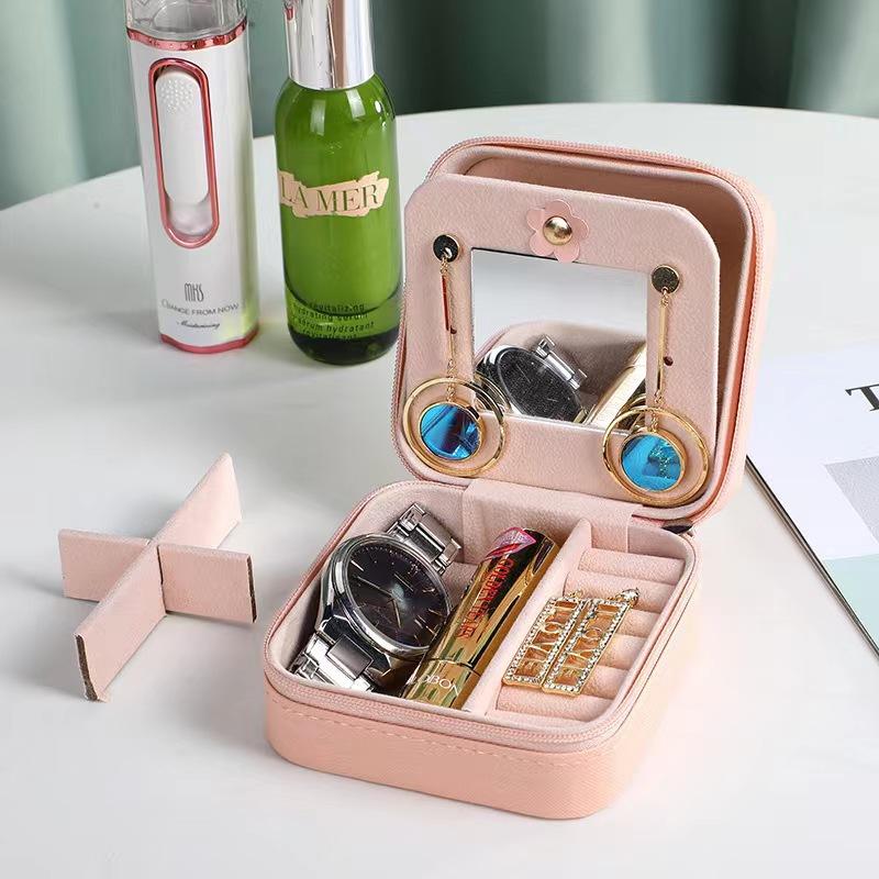 mini ornaments double rounds mirror pu leather jewellery box earrings necklace makeup mirror storage box factory wholesale