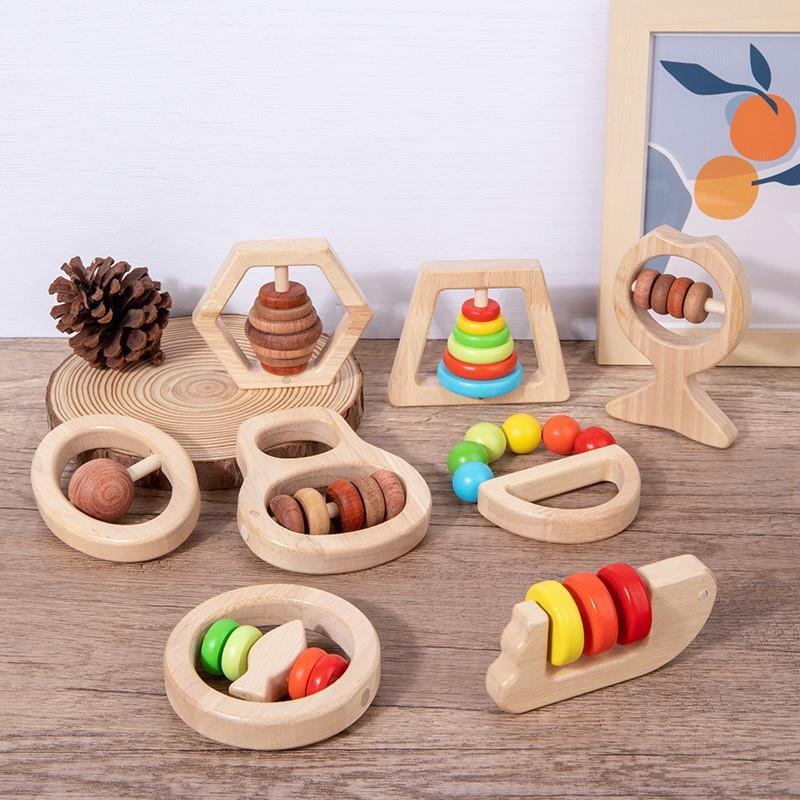 Cross-Border Wooden Handbell Soothing and Grasping Toys Baby Educational Montessori Early Childhood Education for Baby Biteable Wooden Toys