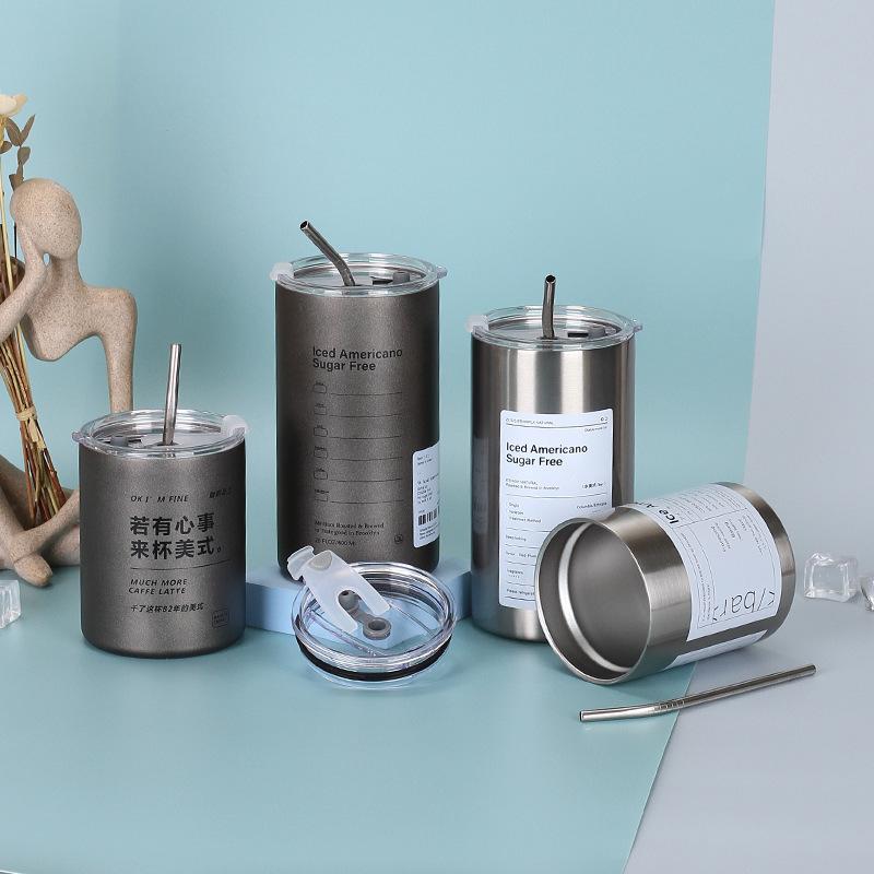 Customized 304 Stainless Steel Ice American Coffee Cup Vacuum Double Rounds Straw Tumbler Household Portable Vacuum Cup
