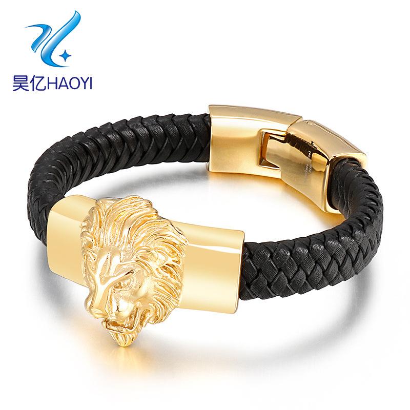 cross-border e-commerce supply fashion european and american style ornament stainless steel lion's head bracelet leather cord bracelet trendy men's jewellery