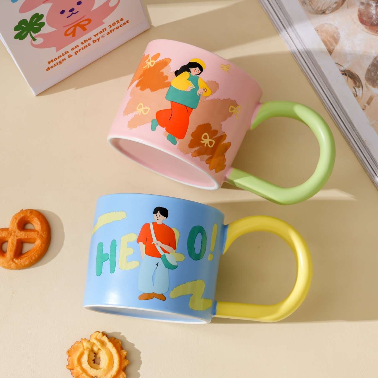 New couple mugs, fashionable and creative, supporting each other through thick and thin, wide-handled ceramic cups, home essentials, girlish water cups, mugs, office and home coffee cups, milk cups, breakfast cups, high appearance level, handicrafts and ornaments, 350ml detail image 2
