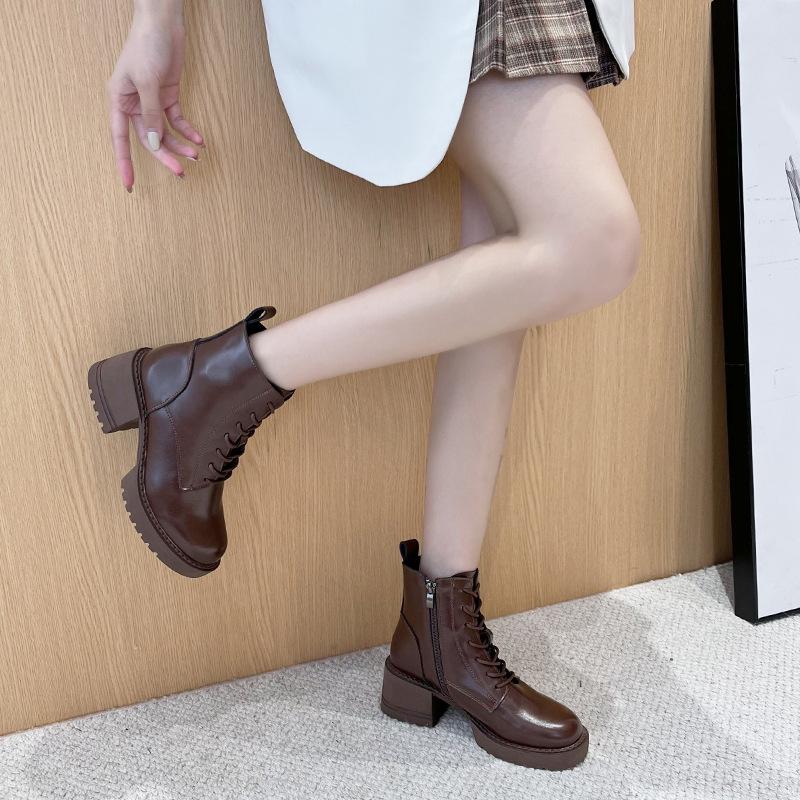 Fall New Martin Boots Women's 2023 Lace-up Single-Layer Boots Thin British Style Thick Heel Ankle Boots Thick Bottom All-Match Skinny Boots
