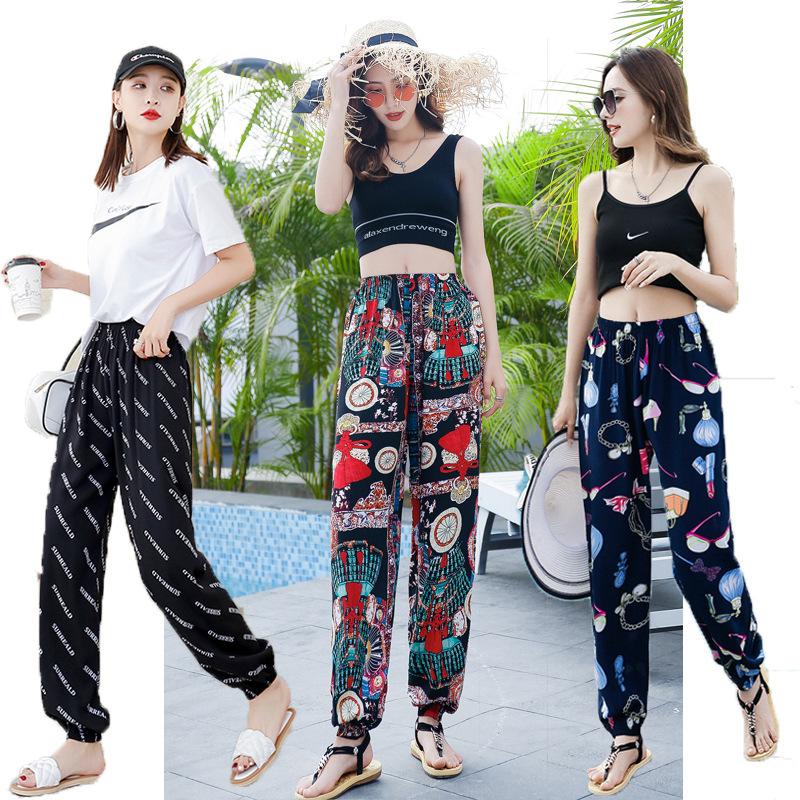 women's anti-mosquito pants cotton silk beach pants summer casual flower pants artificial cotton summer pajama pants thin adult bloomers