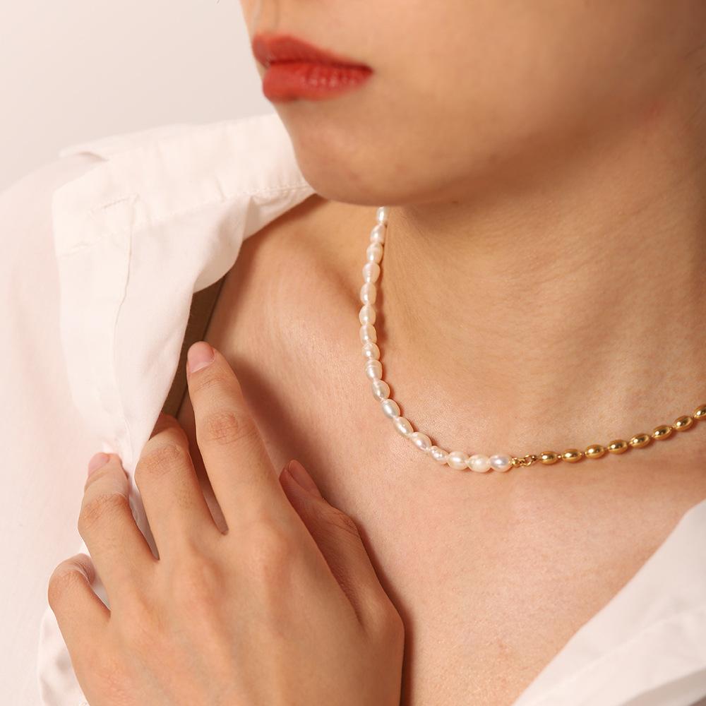 european and american ins half freshwater pearl half 18k plated golden balls ball simple stainless steel jewelry choker popular ornament women Specification drawing