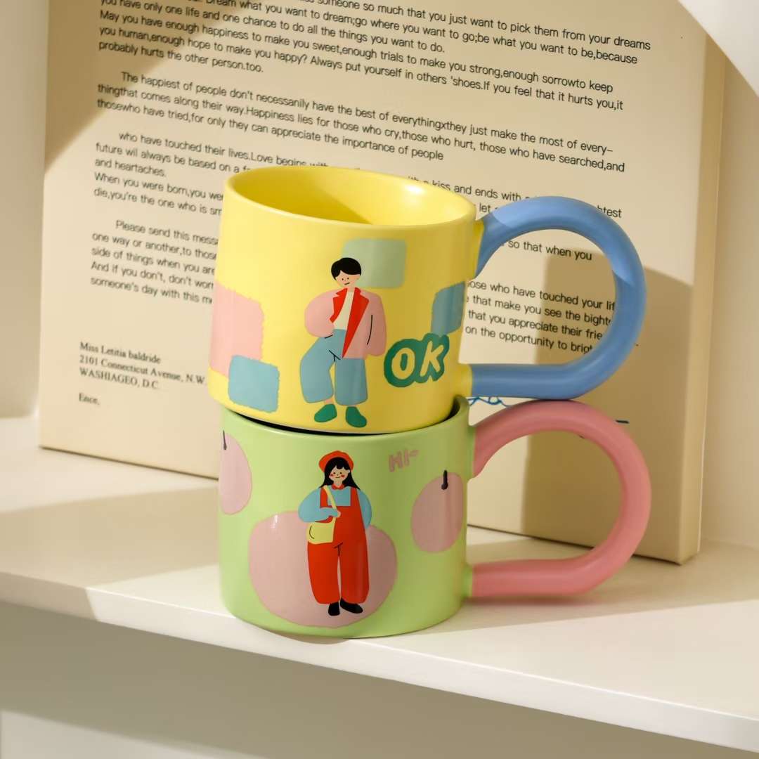 New couple mugs, fashionable and creative, supporting each other through thick and thin, wide-handled ceramic cups, home essentials, girlish water cups, mugs, office and home coffee cups, milk cups, breakfast cups, high appearance level, handicrafts and ornaments, 350ml Specification image