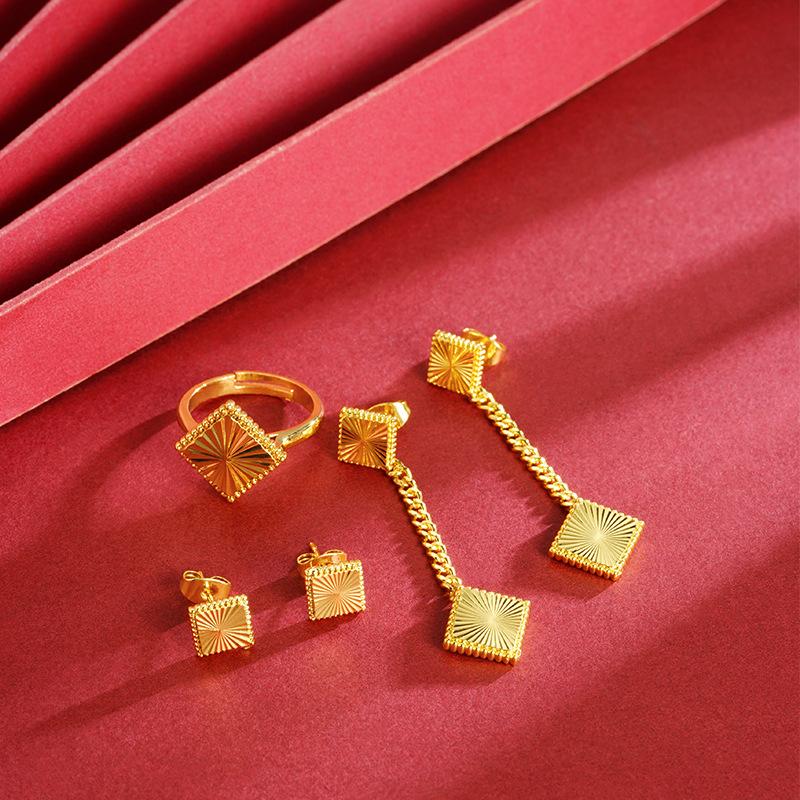 vietnam placer gold ring auricular needle women's geometric light luxury eardrop earring design sense popular all-matching accessories jewellery suit