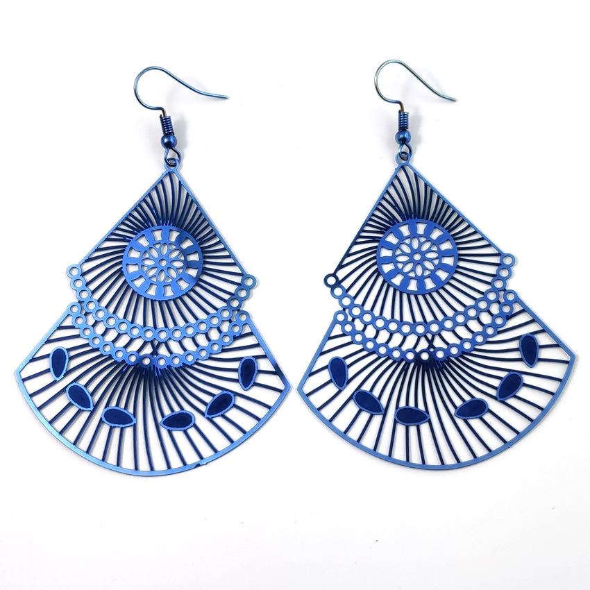 colorful fan-shaped earrings new european and american fashion retro earrings computer piece earrings stainless steel jewelry hollow color retaining full figure
