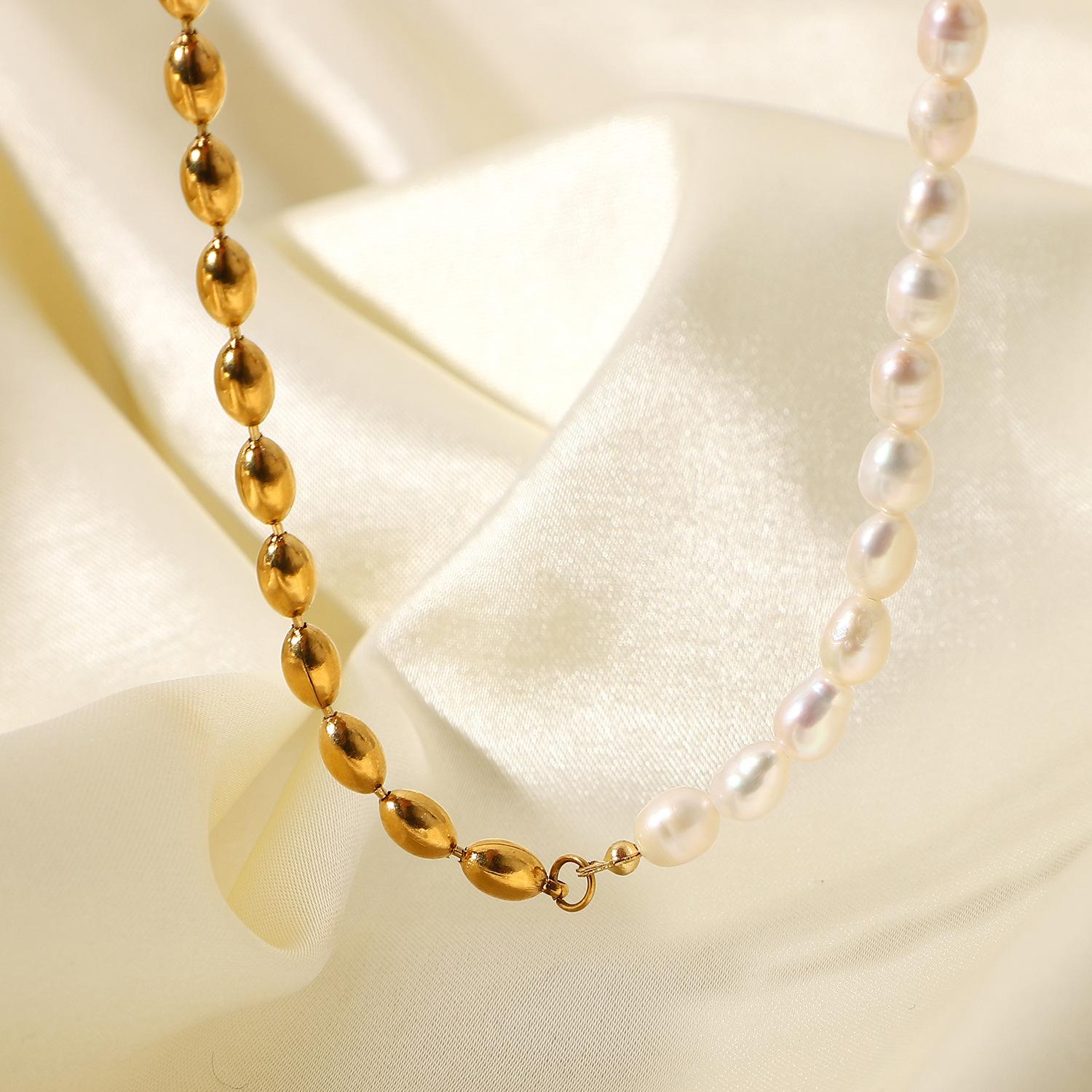 european and american ins half freshwater pearl half 18k plated golden balls ball simple stainless steel jewelry choker popular ornament women details Picture
