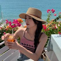 summer sun hat women's belt buckle fashion british style flat top hat seaside vacation beach sun hat