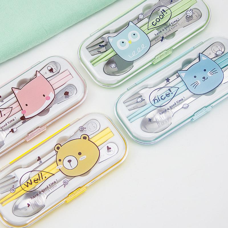 cartoon tableware three-piece stainless steel tableware three-piece cartoon boxed travel chopsticks fork chopsticks with box set Application Scenario