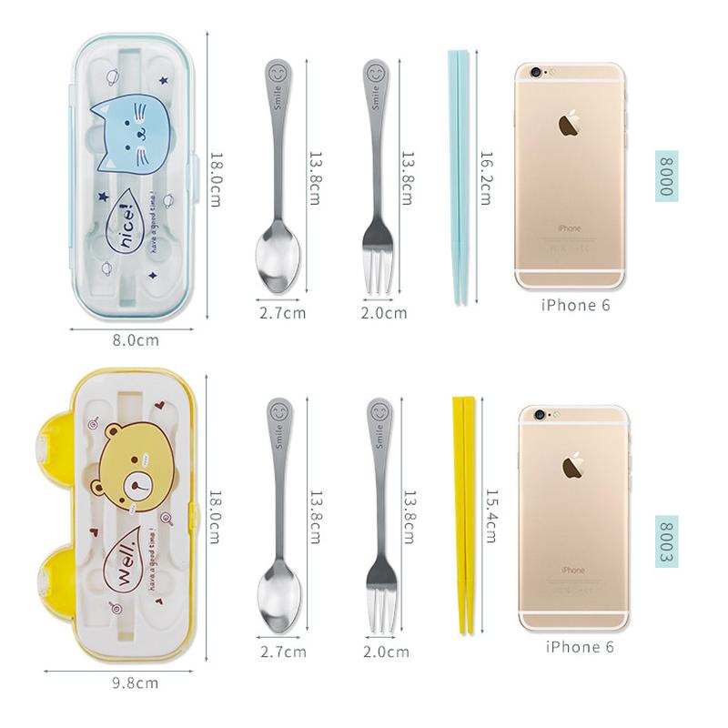 cartoon tableware three-piece stainless steel tableware three-piece cartoon boxed travel chopsticks fork chopsticks with box set Item Picture