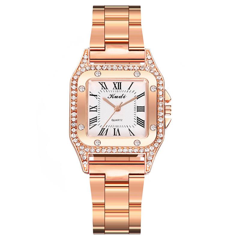 Cross-Border New Arrival Square Women's Steel Watch Fashion Roman Diamond Gold Men's Watch Alloy Quartz Watch details Picture