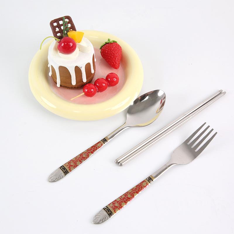 chinese style stainless steel flower handle knife and fork chopsticks set household portable tableware set details Picture