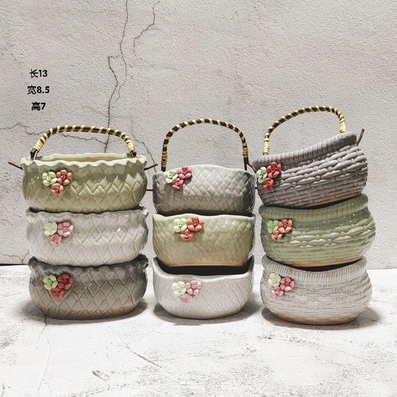 ceramic basket creative portable basket handmade succulent flower pot personalized flower arrangement scindapsus aureus bonsai vase simple stoneware