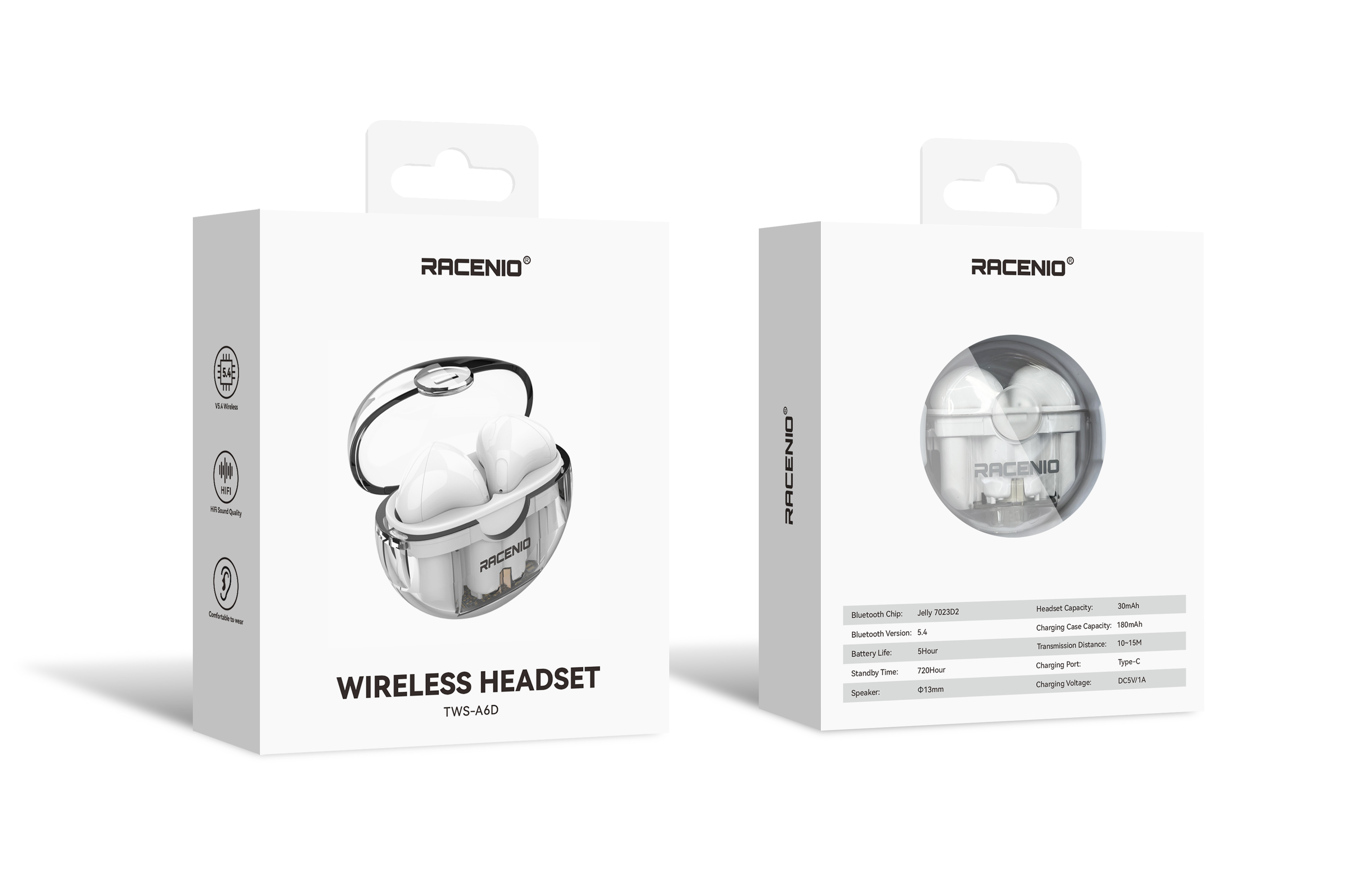 RACENIO A6D蓝牙耳机 铜环喇叭 透明蓝牙耳机