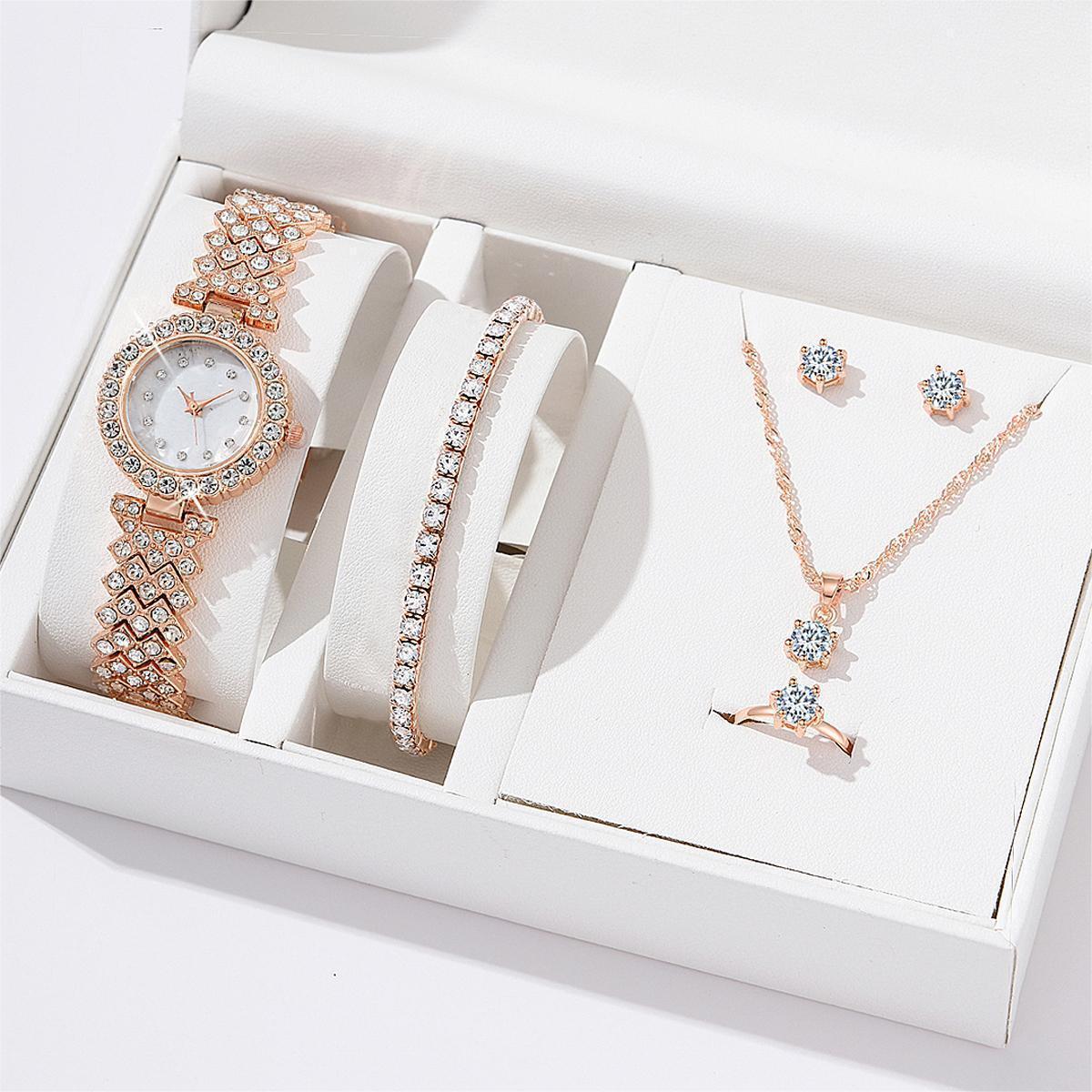 cross-border hot selling women's alloy quartz watch necklace earrings bracelet ring accessories set combination wrist watch details Picture
