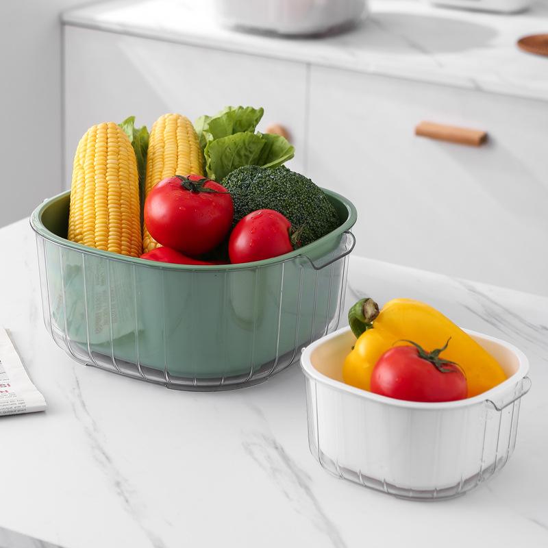 internet celebrity double-layer vegetable and fruit draining basket kitchen fruit and vegetable vegetable washer basket basket binaural handle plastic washing basin