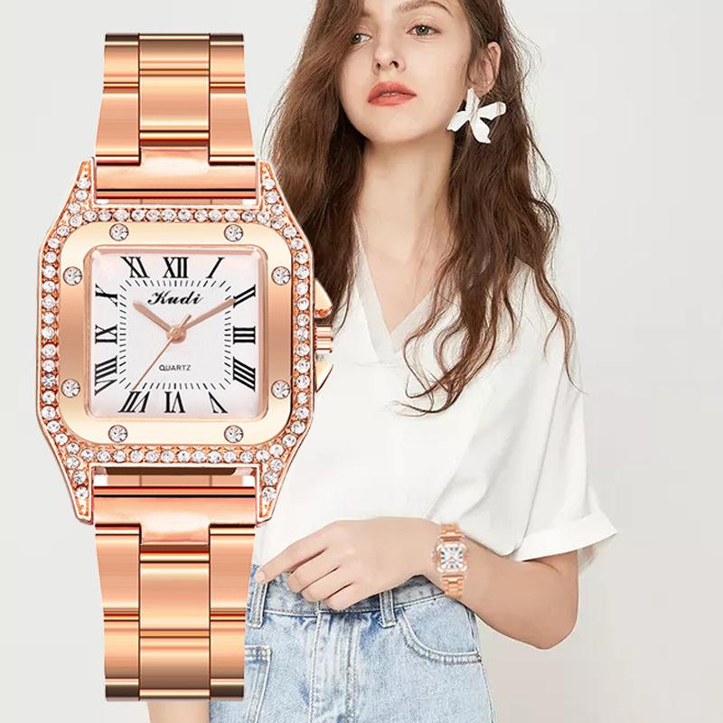 Cross-Border New Arrival Square Women's Steel Watch Fashion Roman Diamond Gold Men's Watch Alloy Quartz Watch full figure
