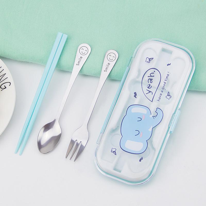 cartoon tableware three-piece stainless steel tableware three-piece cartoon boxed travel chopsticks fork chopsticks with box set Specification drawing