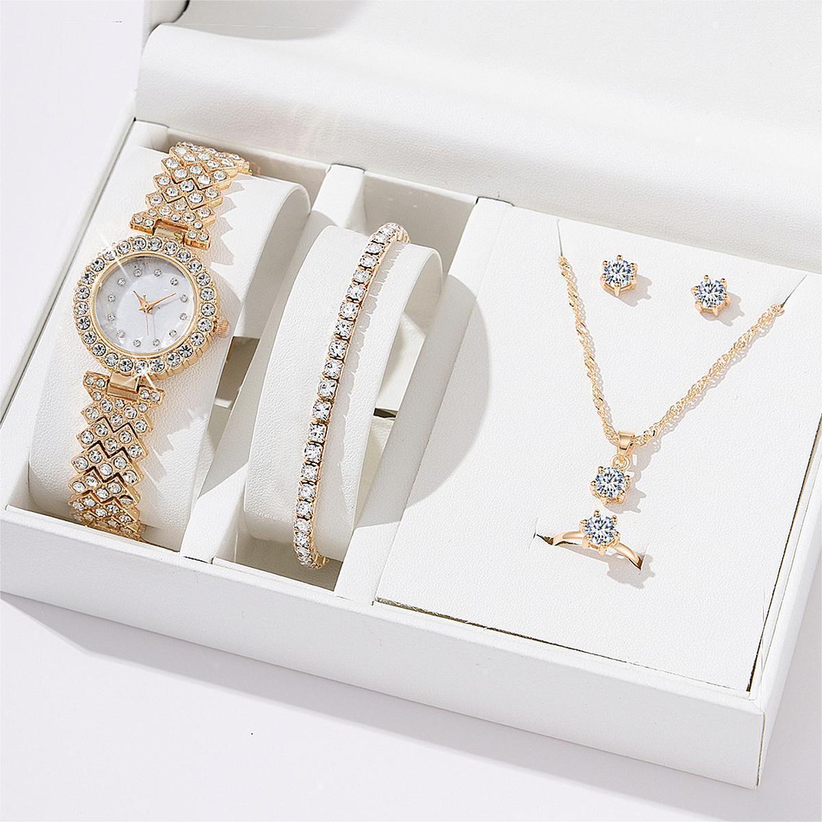 cross-border hot selling women's alloy quartz watch necklace earrings bracelet ring accessories set combination wrist watch Specification drawing