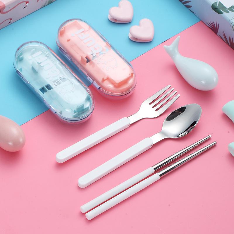 304 stainless steel candy color portable tableware set fork chopsticks three-piece set travel outdoor dining baby tableware full figure