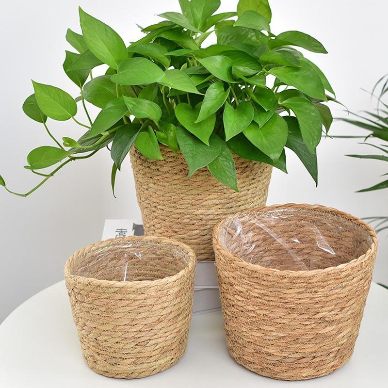 retro style handmade straw woven rattan basket indoor table decoration green plant pot flower pot creative green dill flowerpot