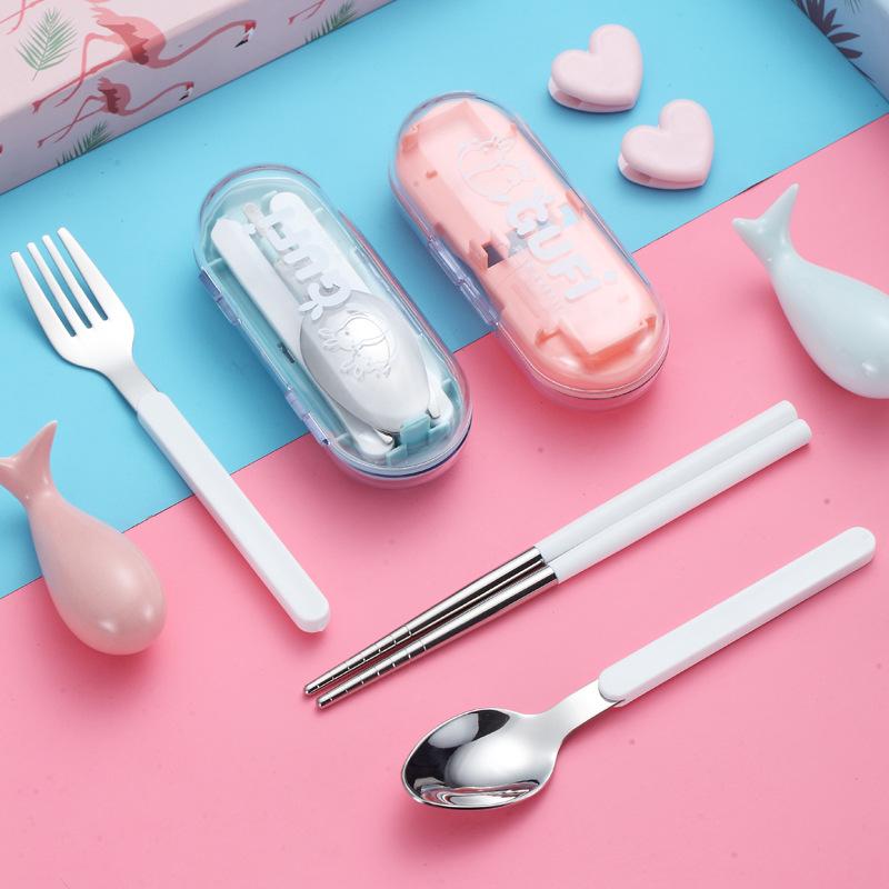 304 stainless steel candy color portable tableware set fork chopsticks three-piece set travel outdoor dining baby tableware Application Scenario
