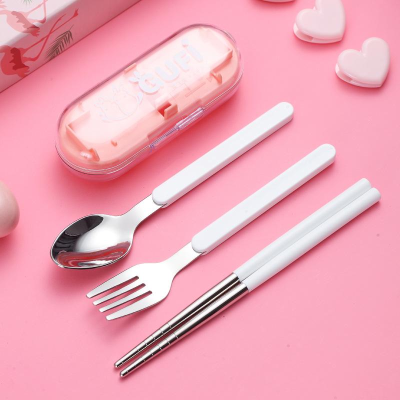 304 stainless steel candy color portable tableware set fork chopsticks three-piece set travel outdoor dining baby tableware Specification drawing
