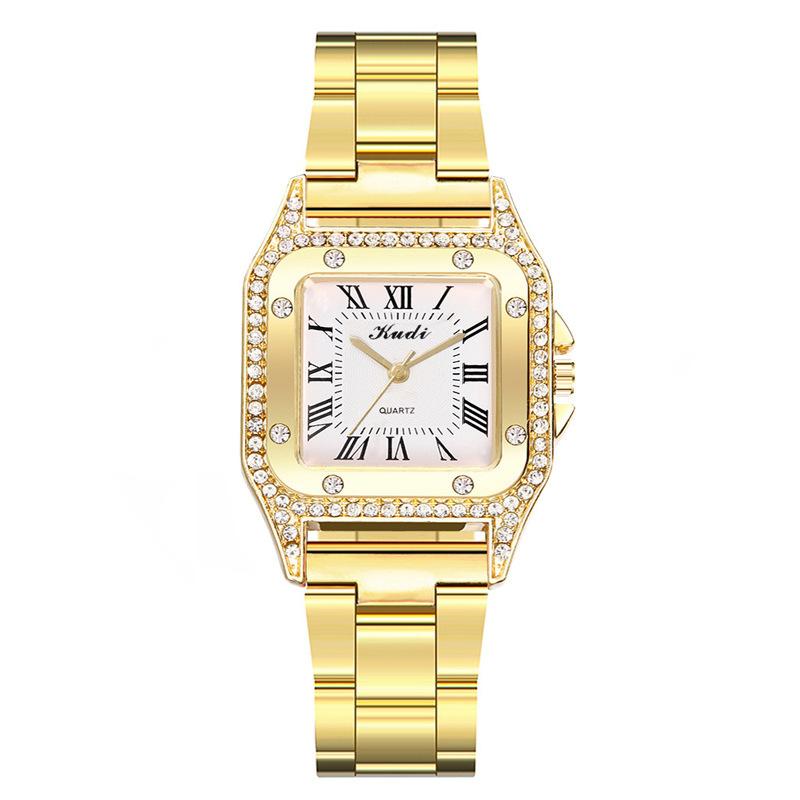 Cross-Border New Arrival Square Women's Steel Watch Fashion Roman Diamond Gold Men's Watch Alloy Quartz Watch Specification drawing