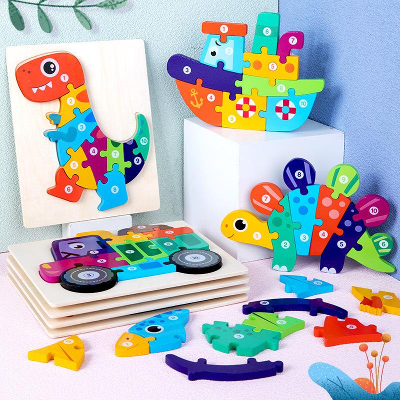 wooden 3d buckle dinosaur puzzle wooden early childhood education digital traffic animal jigsaw puzzle toy