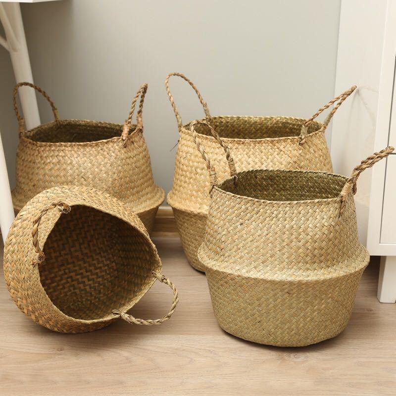 flower basket portable knitted basket flower pot straw woven bamboo plant straw woven floor folding straw bag basket woven