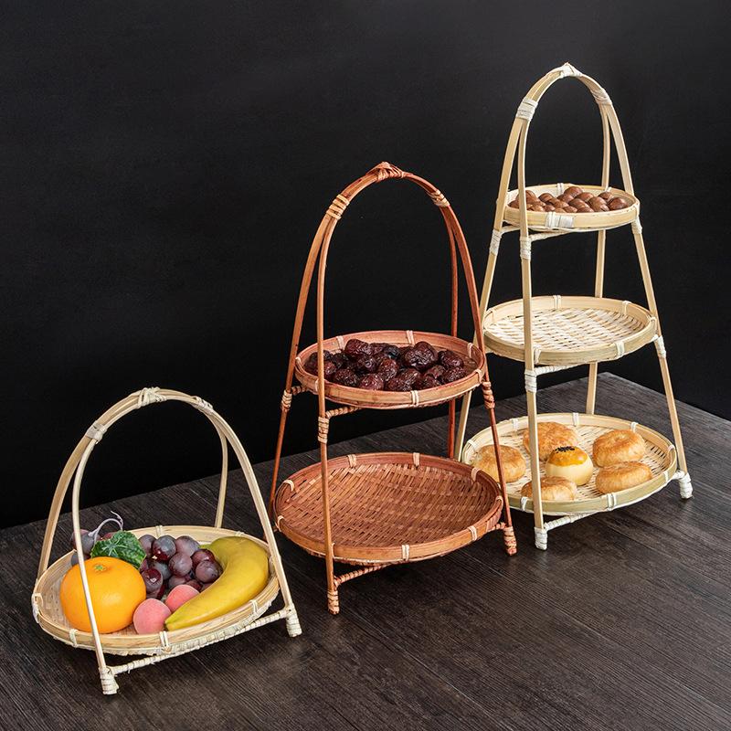 bamboo products hand-woven fruit plate multi-layer tea tray display stand bamboo woven basket hotel pastry basket snack fruit plate