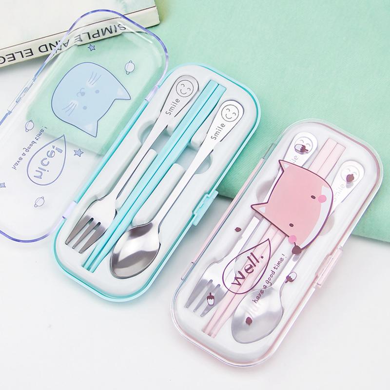 cartoon tableware three-piece stainless steel tableware three-piece cartoon boxed travel chopsticks fork chopsticks with box set full figure