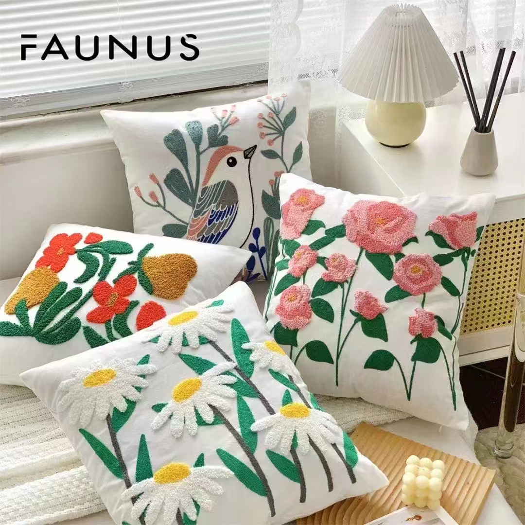 Nordic towel embroidery, embroidered cushions, living room cream sofa cushions, floral model room, bay window cushion covers