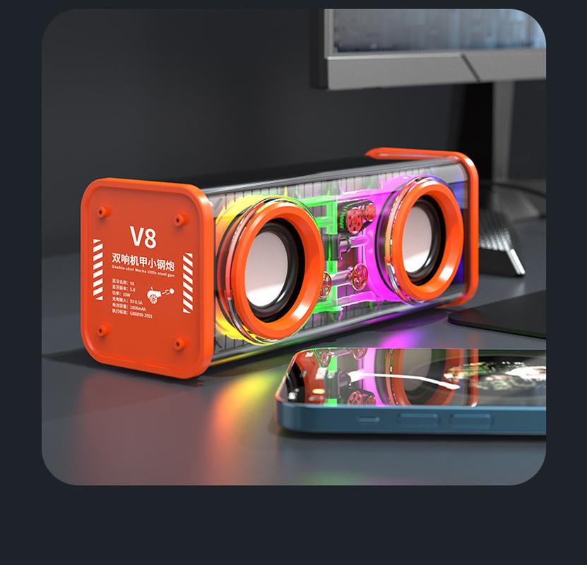 cross-border v8 transparent mech double speaker small-sized gun bluetooth speaker subwoofer tws series bluetooth 5.0 creative details Picture