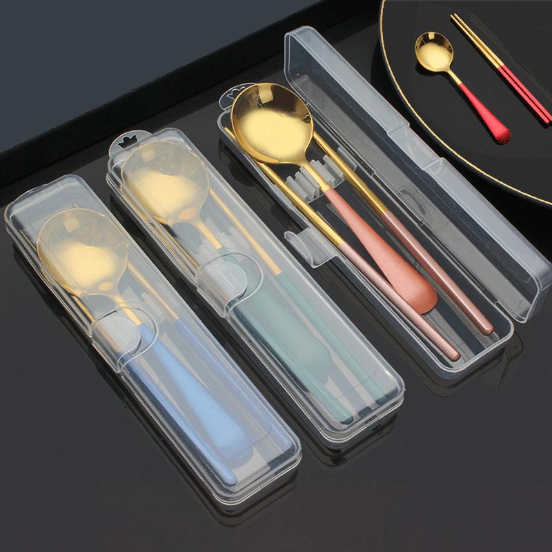 creative 304 stainless steel portable tableware student ins internet celebrity spoon chopsticks two-piece gift tableware full figure
