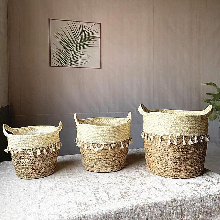 corn husk straw baskets tassel flower pot nordic straw rope woven seaweed flower stand vase willow basket wholesale