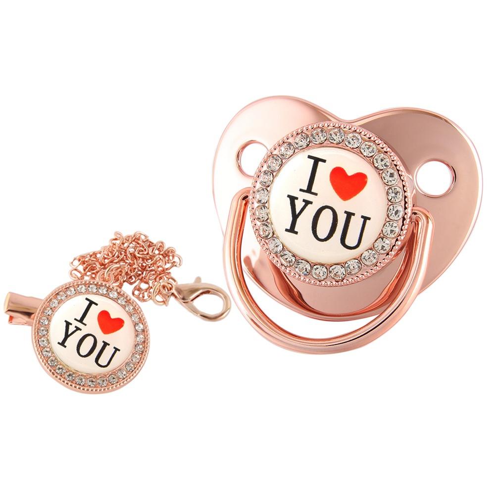 Cross-Border Hot Sale I Love You Diamond Pacifier Baby Pacifier with Chain Clip
