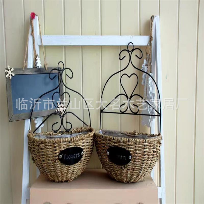 Factory Direct Sales Pastoral Iron Straw Woven Wall-Mounted Basket Wall Basket Straw Willow Rattan Basket Wall Flower Pot Wicker Hanging Basket