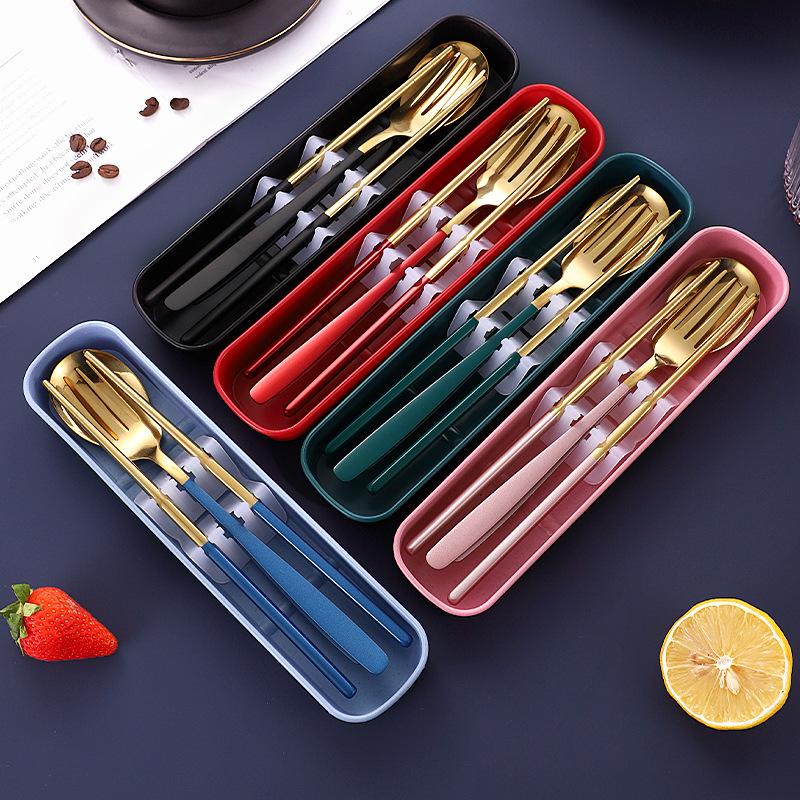 Stainless Steel Korean-Style Portable Tableware Fork Spoon Chopsticks Sets Outdoor Gift Student Tableware Three-Piece Set full figure