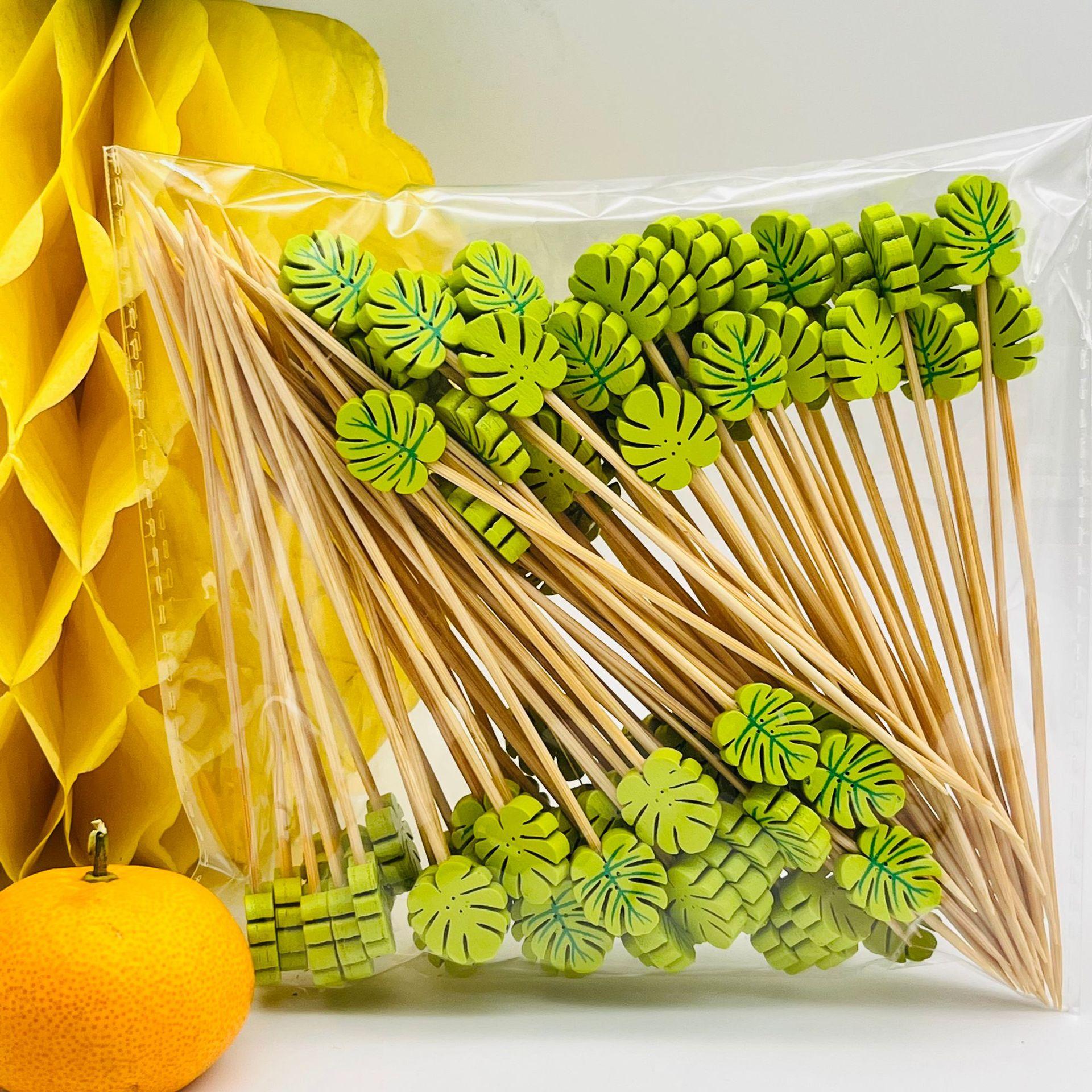 disposable bamboo fruit toothpick art fruit stick leaves cocktail decoration monstera bamboo stick beads string