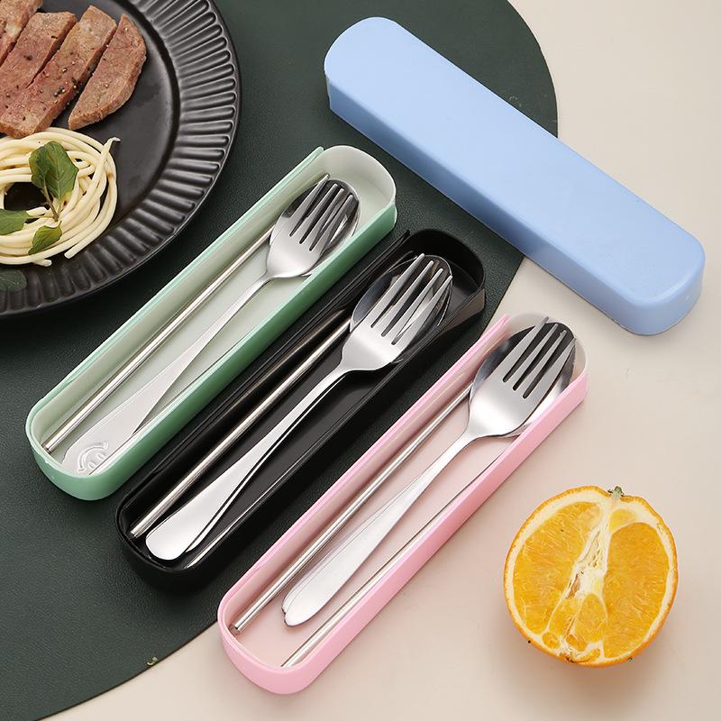 stainless steel portable tableware three-piece set student tableware suit fork spoon and chopsticks portable tableware chopsticks spoon set details Picture