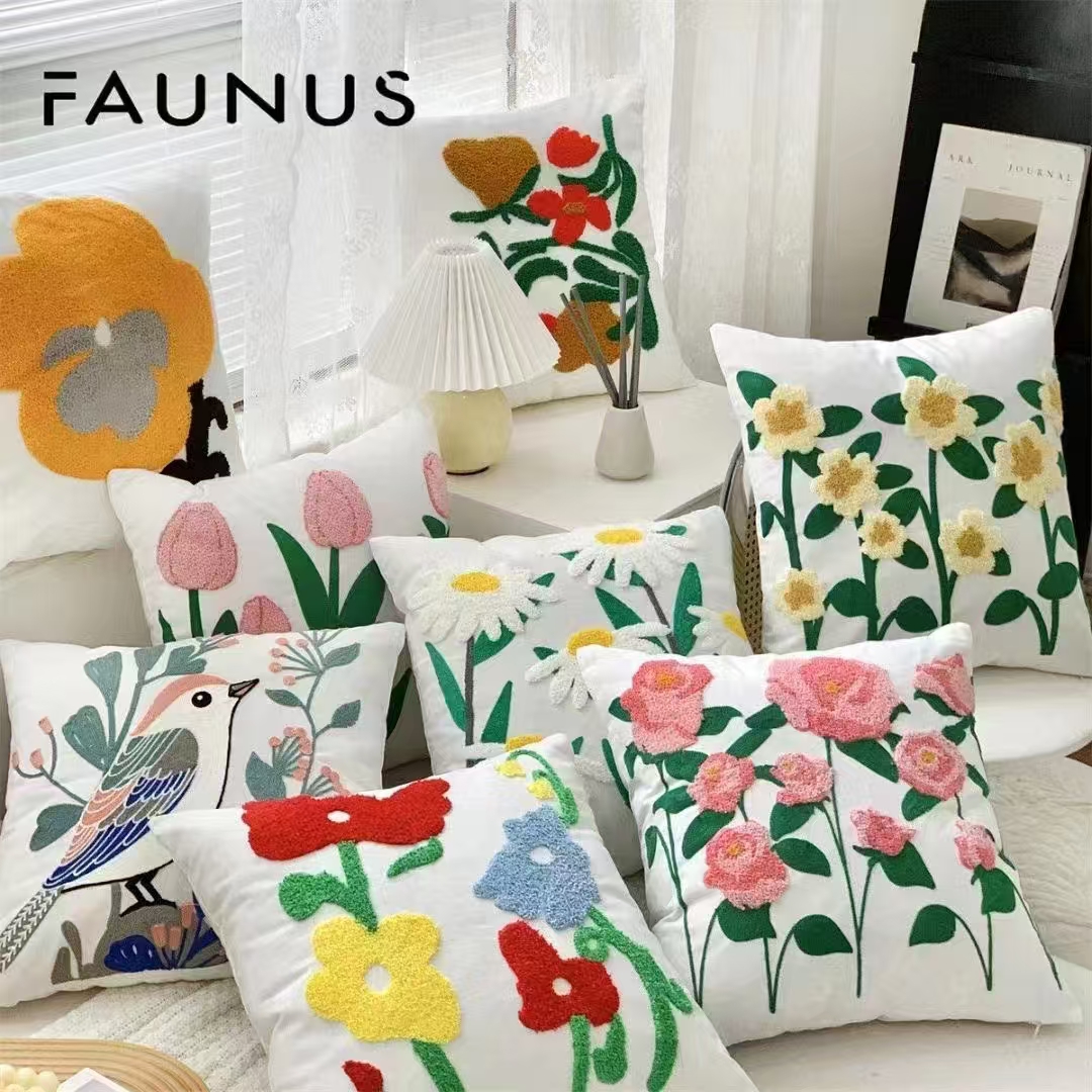 Nordic towel embroidery, embroidered cushions, living room cream sofa cushions, floral model room, bay window cushion covers details Picture