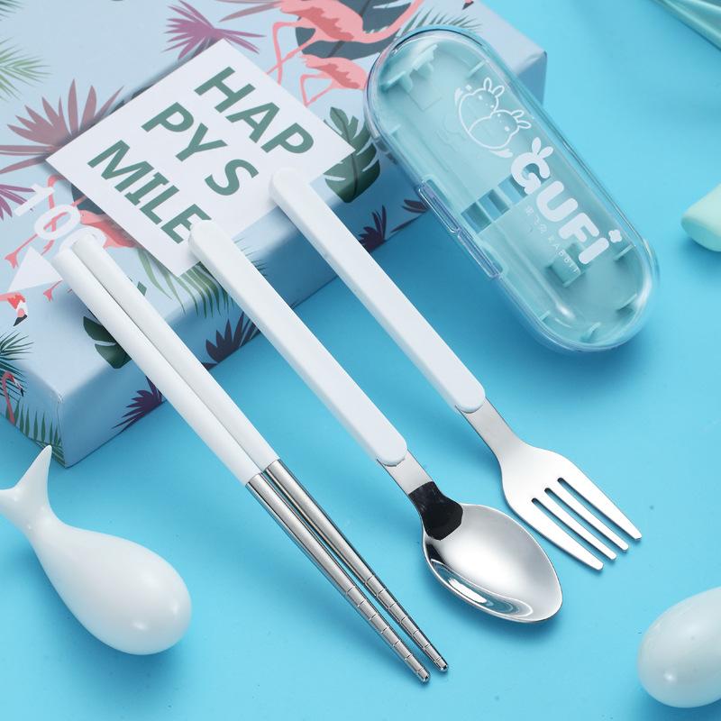 304 stainless steel candy color portable tableware set fork chopsticks three-piece set travel outdoor dining baby tableware details Picture