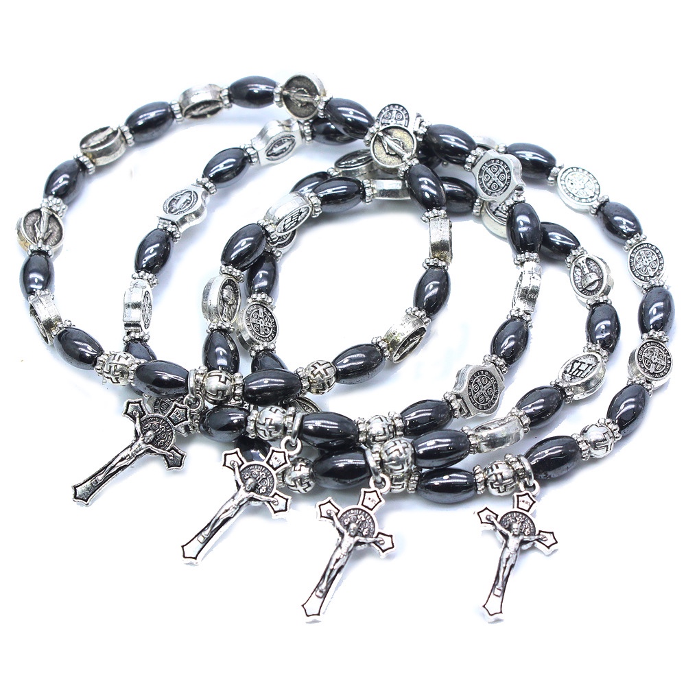 盒装6mm木珠念珠手链     合金十字架手串手环祈祷珠Rosary bracelet